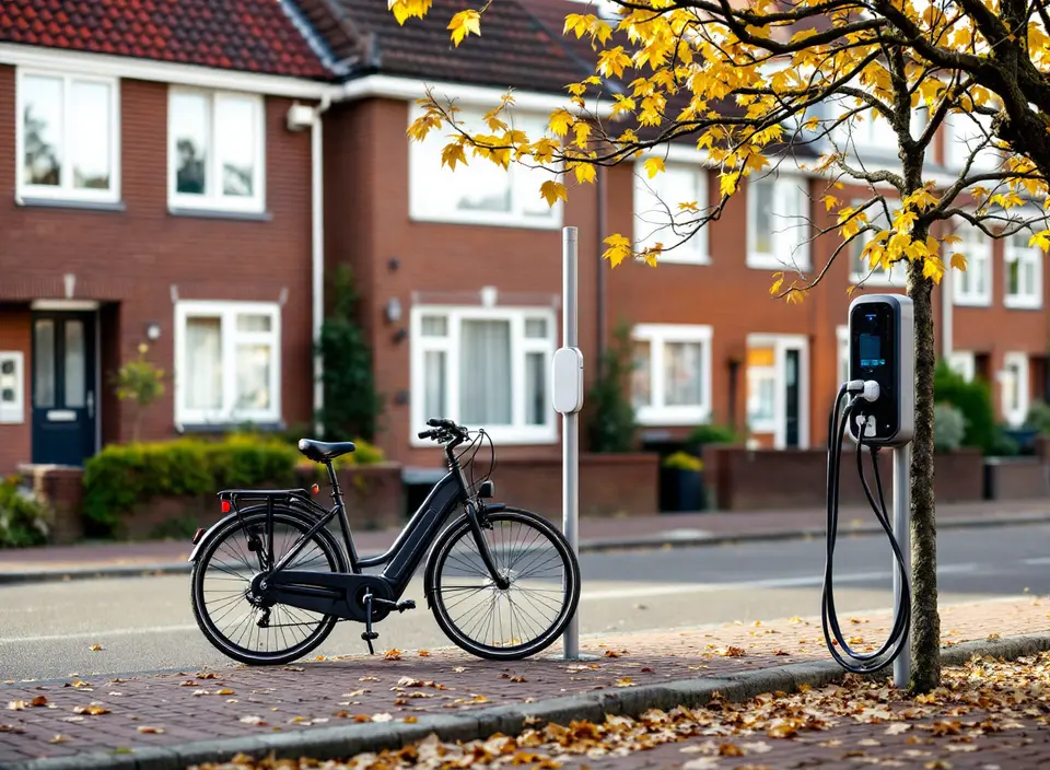 Een fiets op de stoep naast een openbare laadpaal, in een straat met bakstenen rijtjeshuizen en herfstbladeren