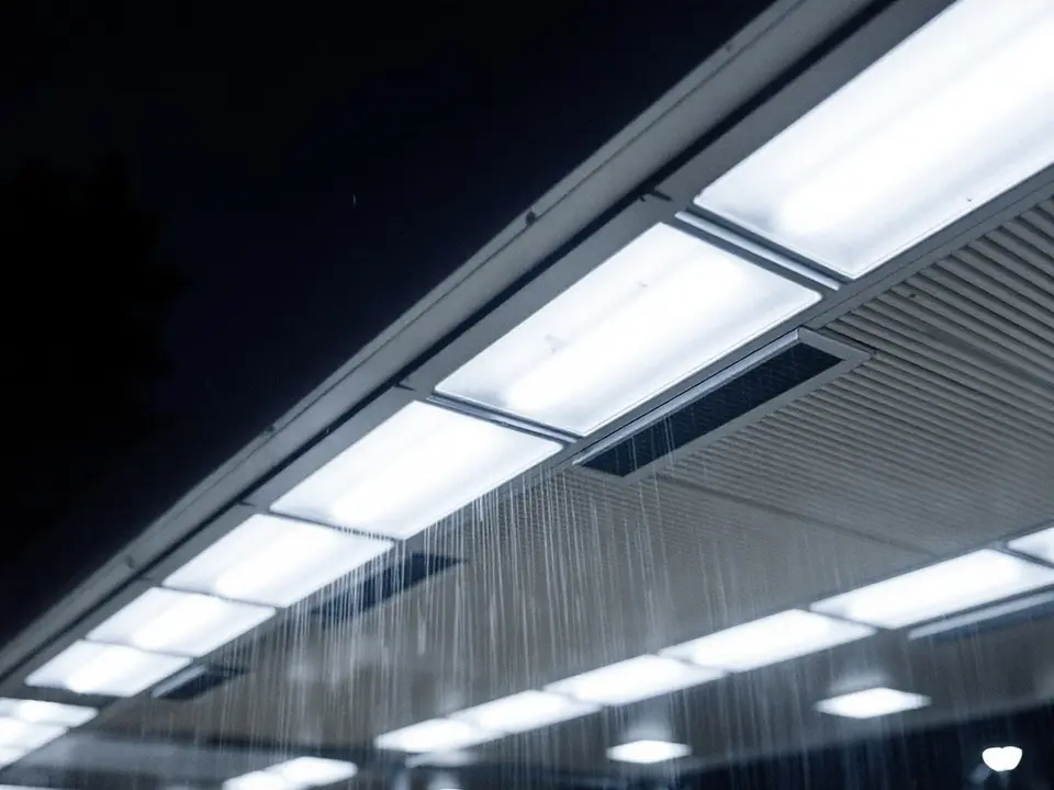 De onderkant van een tankstationluifel in de nacht, met witte lichtpanelen en regen in het licht